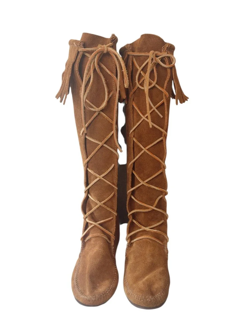 Minnetonka Chestnut Suede Fringed Lace-Up Knee-High Boots